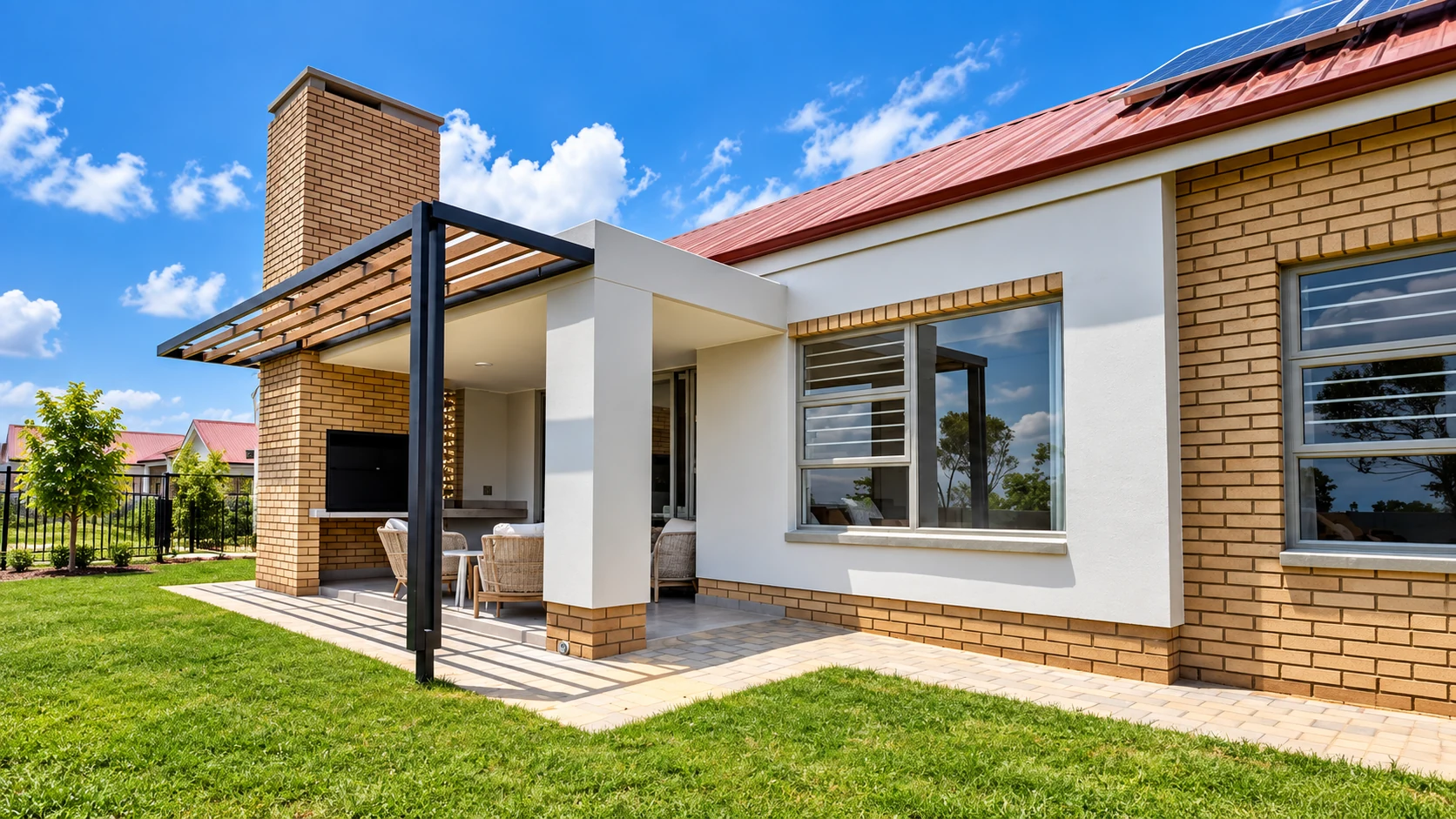 Completed residential development with a covered patio and brick detailing