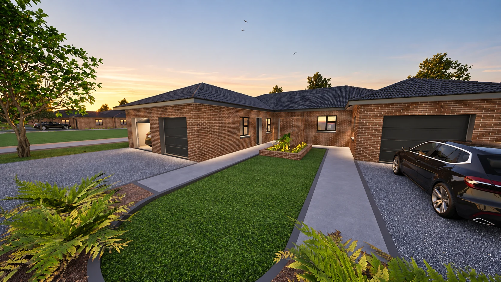 Architectural rendering of a contemporary residential development