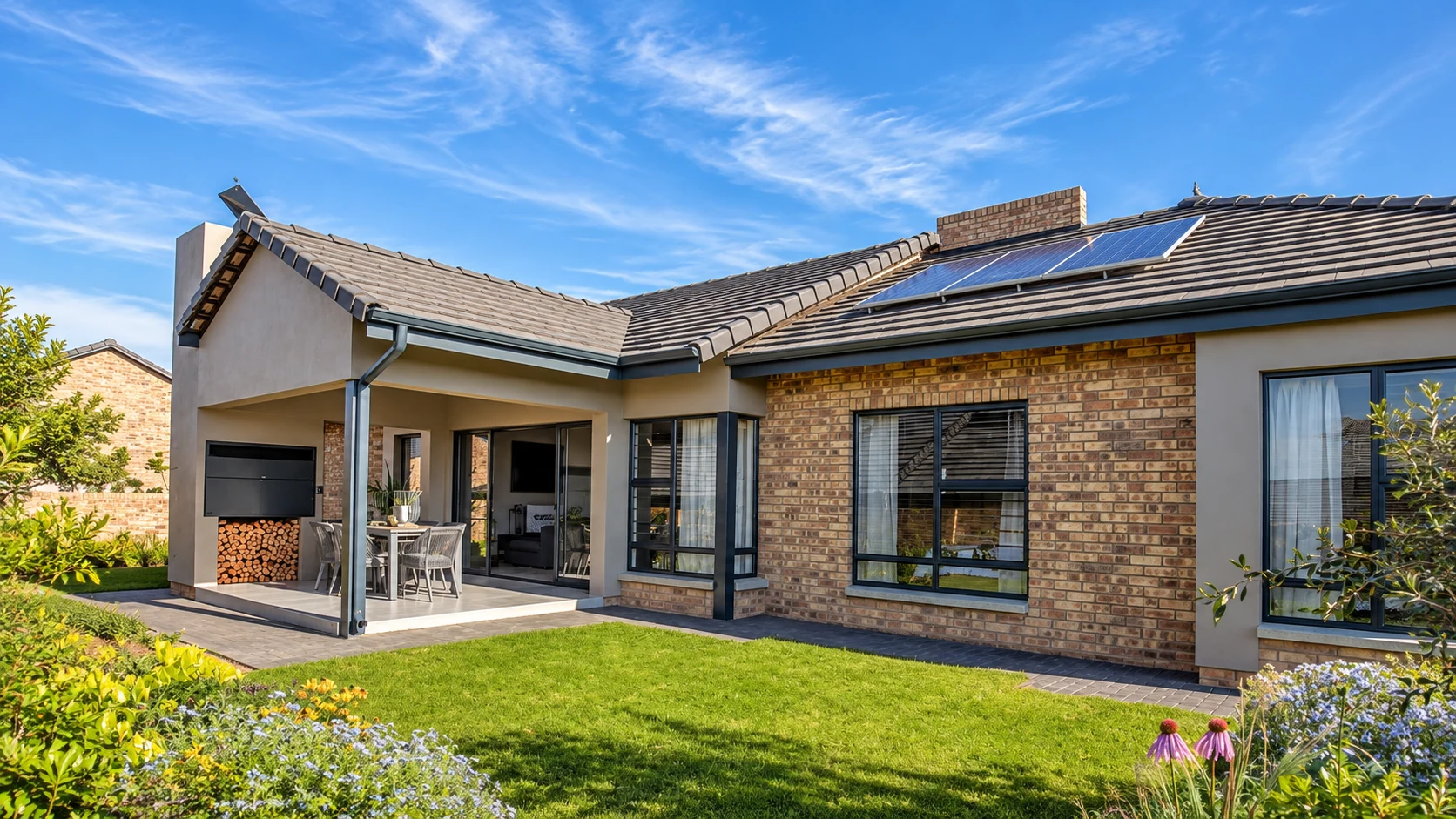 Completed residential home with solar panels and landscaped garden